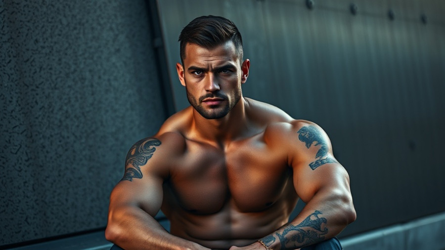 Muscular shirtless man with tattoo, serious expression, sitting in urban setting.