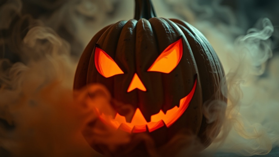 Eerie jack-o'-lantern with smoke for Halloween Dining in Miami backdrop.
