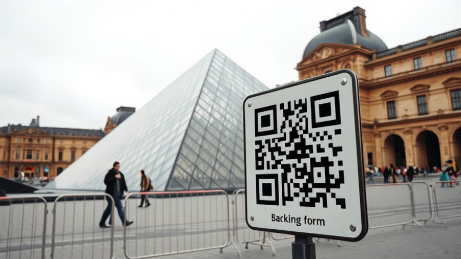 Louvre Museum pyramid enclosed with barriers under overcast sky.