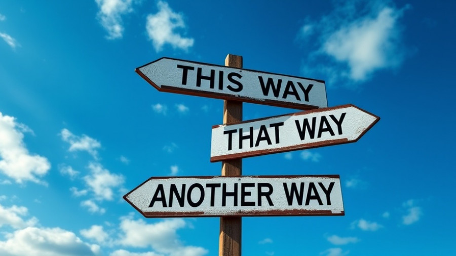 Directional signpost illustrating choices under a blue sky, representing effective decision memos.