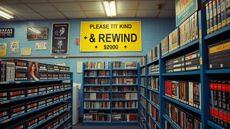 Nostalgic video store scene with a rewind sign.