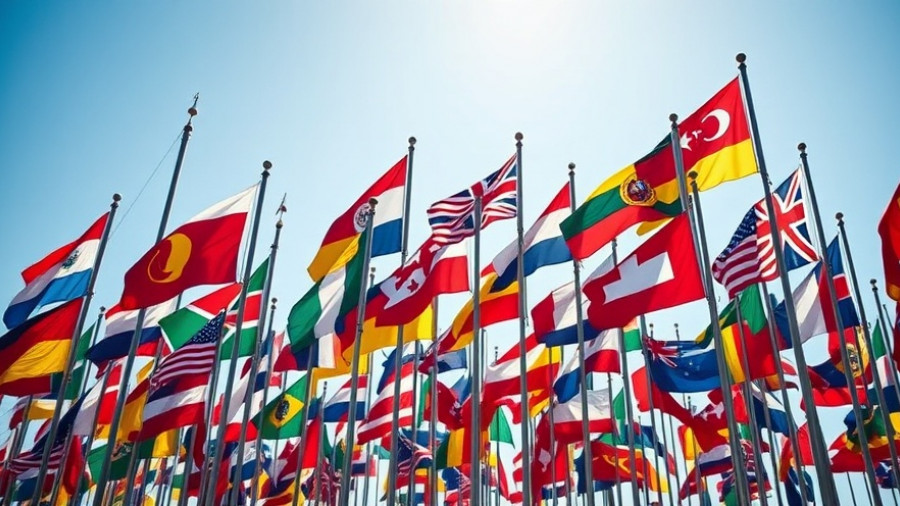 Flags representing internationalisation of startups in clear sky