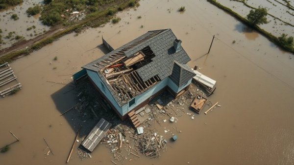 Aerial view of hurricane damage showing submerged house.