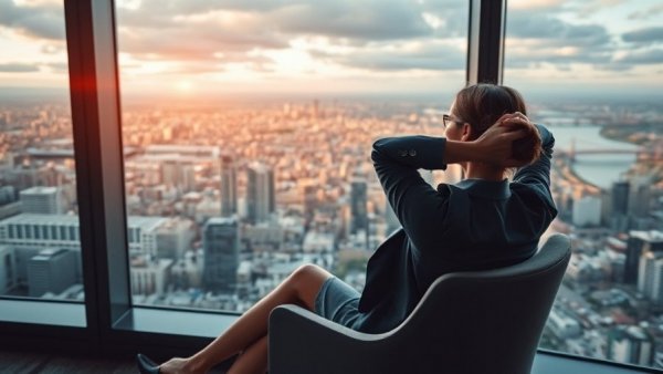 Benefits of Self-Awareness in Leadership Development: Woman relaxing and gazing at city.
