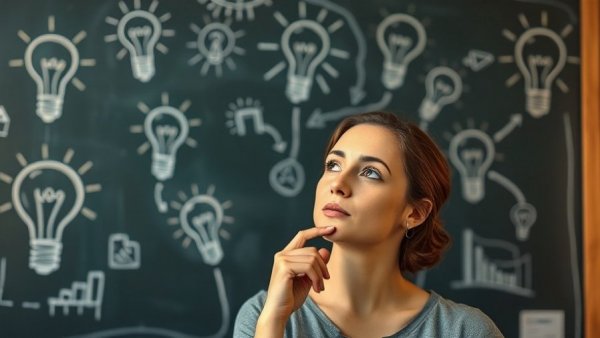Leadership and critical thinking concept with woman and light bulbs.