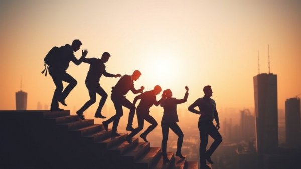 Silhouetted teamwork climbing steps, representing Critical Thinking in Leadership.