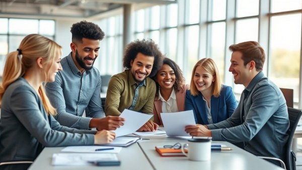 Diverse team building consensus in leadership meeting.