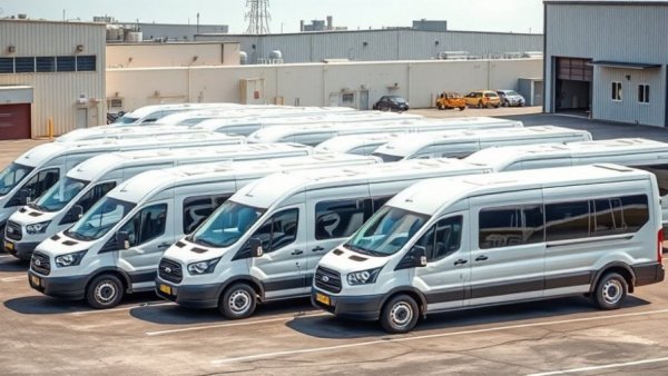 Row of white vans showcasing sustainable shuttle systems.