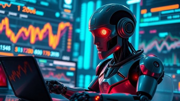 Futuristic robot analyzing data with laptops, showcasing Text-to-Audio AI for customer engagement.