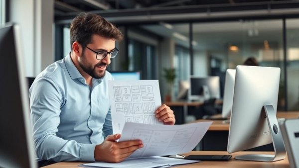 Professionals collaborating on app design in modern office environment.