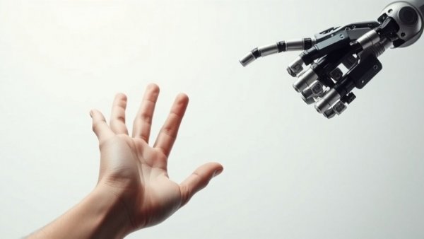 Human and AI robot hands reaching in photorealistic style, symbolizing AI Twin for Content Consistency.