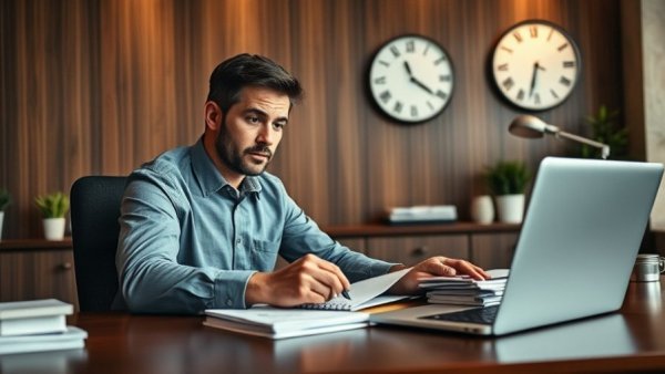 Modern workspace with clock on wall, businessman focused on time management.