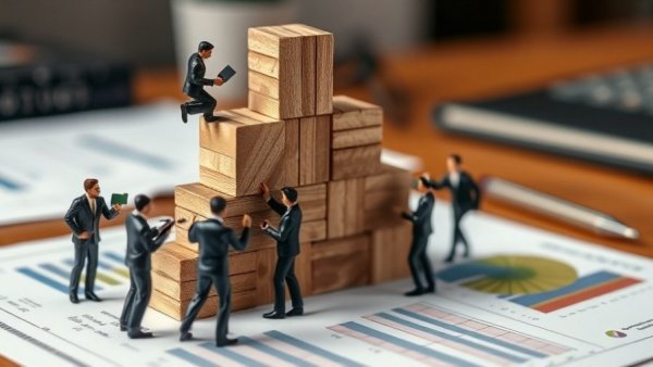 Miniature figures building a pyramid on business graphs; 90-day business plan.