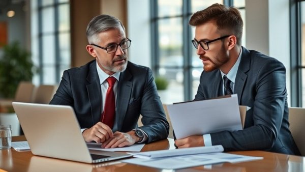 Business professional discussing decision-making strategies in office.