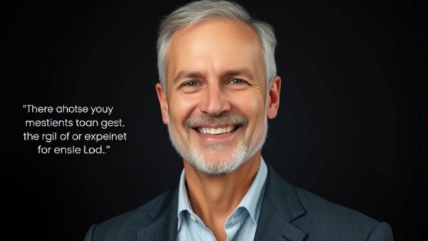 Mature business coach smiling with motivational quote, working with a business coach.