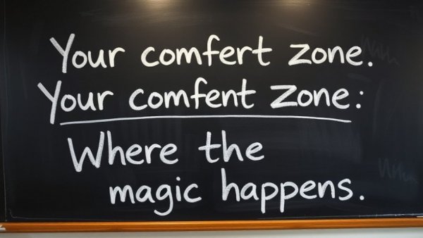 Motivational message on chalkboard shows discomfort leads to business success.