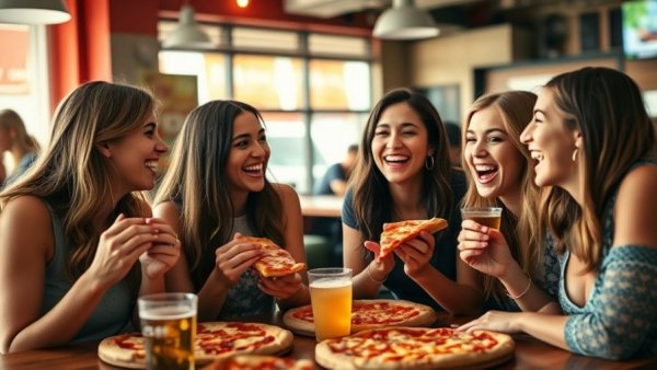 Group of women enjoying pizza in vibrant Miami eatery.