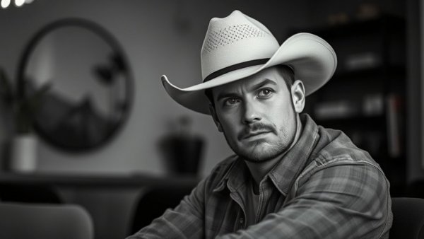 Country hip-hop artist Tyler Truth, pensive pose, monochrome.