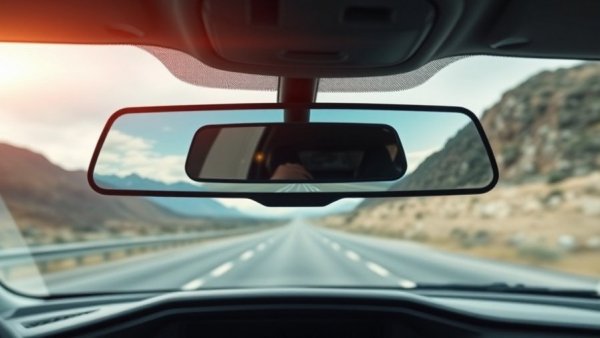Modern rear-view mirror displaying road view; low-light camera review focus.