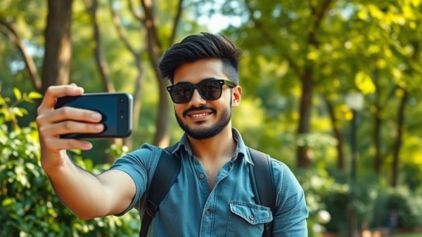 Confident person with sunglasses holding smartphone outdoors.
