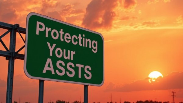 Green highway sign reading 'Protecting Your Assets' at sunset.