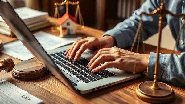 Person working at desk with legal items like gavel and scales, representing legal animation to simplify complex cases.