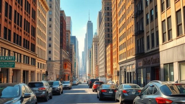 Urban street scene with tall buildings, capturing a city ambiance.