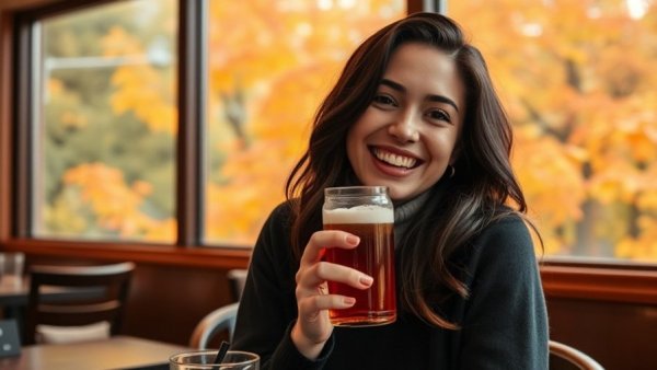 Smiling woman in a restaurant enjoying a drink, Plant to Plate restaurants in Amsterdam.