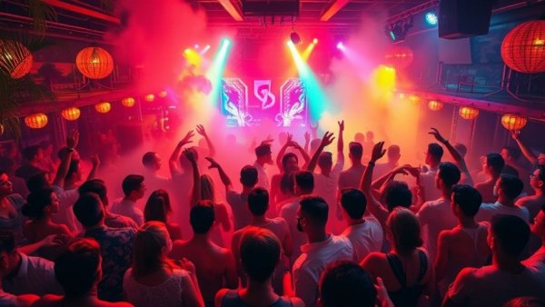 Kiki On The River Sundays vibrant nightclub scene with lively crowd.
