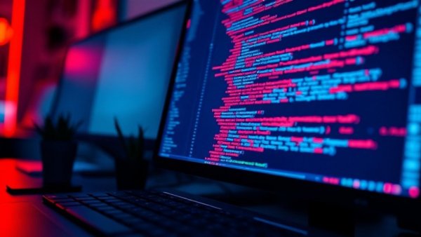 Code on screen representing third-party risk automation software with colorful lighting.