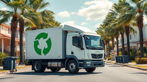 Recycling truck on a shady street, part of Broward County recycling journey.