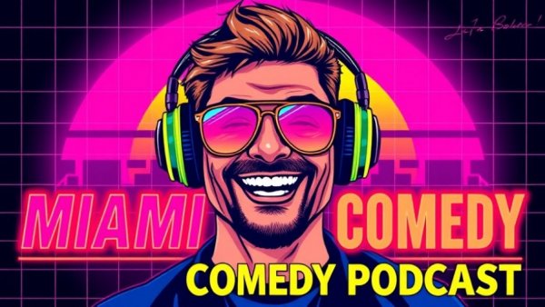 Miami Comedy Podcast retro neon design with a smiling man.