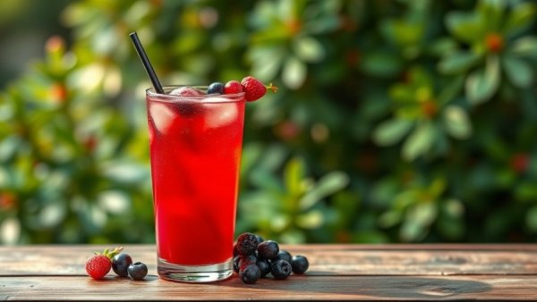 Refreshing red cocktail for day drinking in Miami on a wooden table.