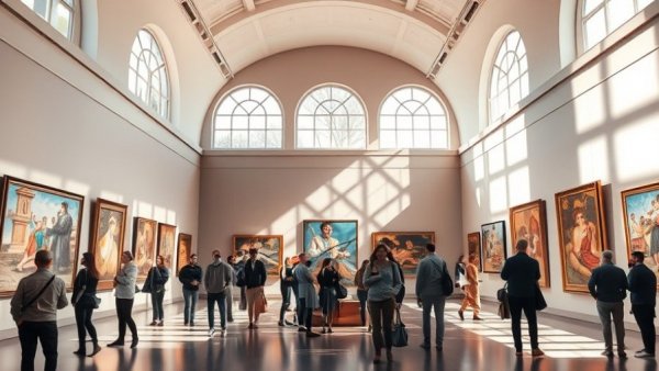 Visitors exploring Miami's art scene in a sunlit gallery.