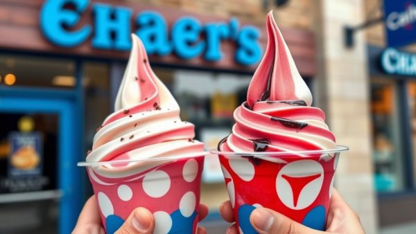 Two cups of Meli frozen yogurt in Miami, held outside the shop.