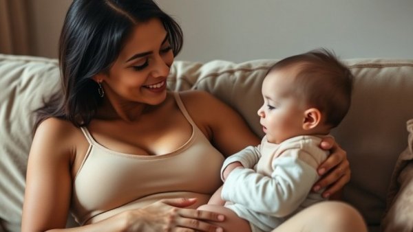 Mother using nursing bra for pumping, interacting with baby