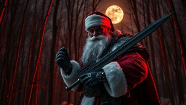Santa Claus in armor holding a weapon in a dark forest scene from Violent Night holiday film.