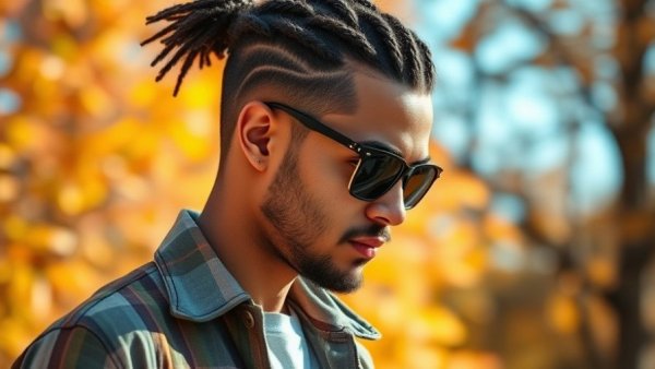 Stylish man with braids and sunglasses in autumn.