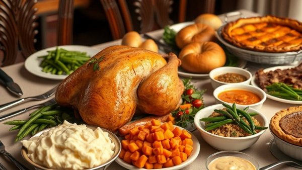 Traditional Thanksgiving dinner spread in Miami with turkey and sides.