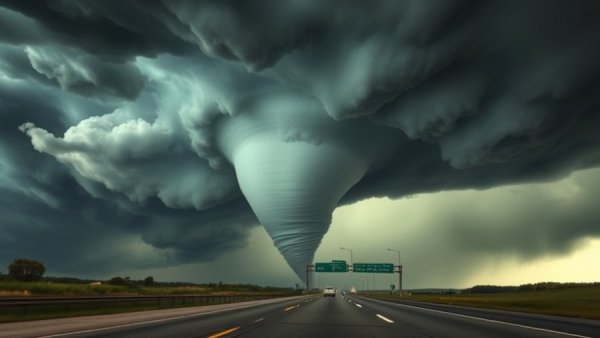 Houston tornado damage looming with storm clouds on highway.