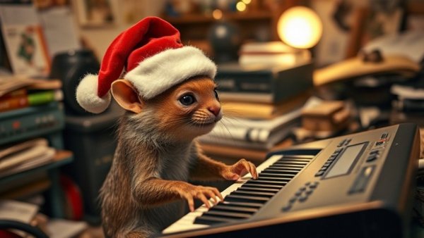 Adorable creature in Santa hat at keyboard, evoking holiday classic.