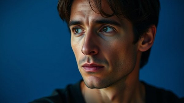 Close-up photo of a man with dark hair on a blue background.