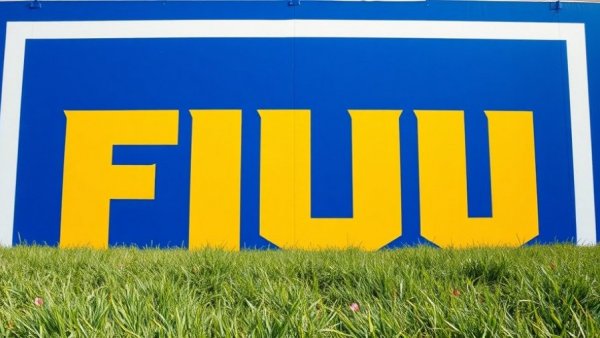 FIU letters on a blue background, view from football field.