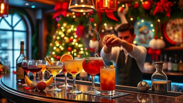 Festive holiday bar in Miami with cocktails and decorations.