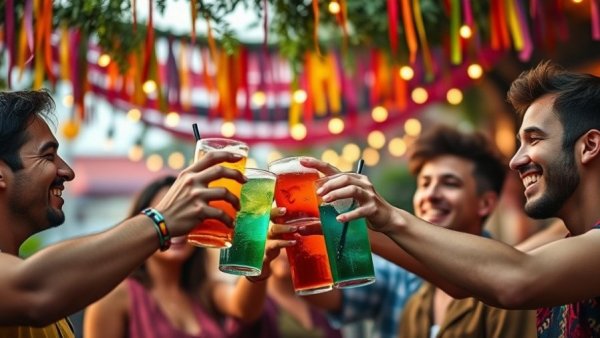 Friends celebrating Cinco de Mayo in Miami with festive outdoor toast.