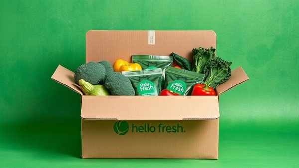 Cardboard box with fresh vegetables and Hello Fresh logo for 100% Off Hello Fresh.