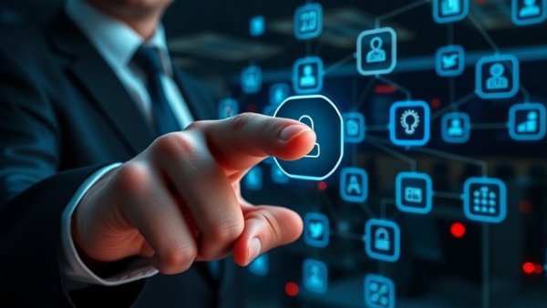 Dynamic businessman interacting with digital icons for intelligent customer management.