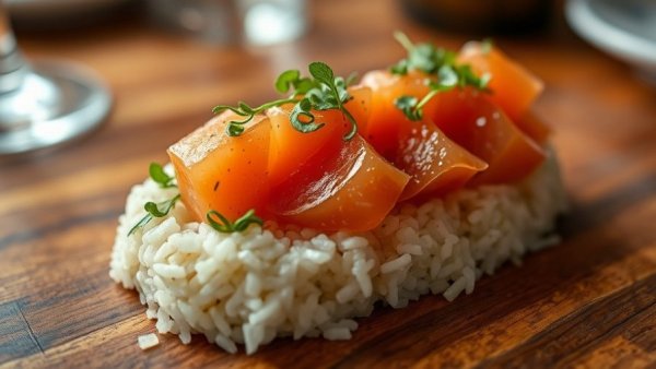Beautifully presented salmon tartare on crispy rice with microgreens, Miami Tasting Menus.