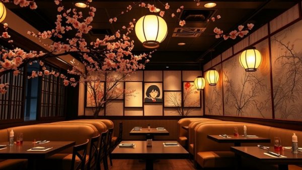Charming Japanese restaurant interior with cherry blossoms and lanterns, perfect for escaping Art Basel 2025.