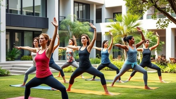 Women practicing yoga at a wellness studio in Coral Gables garden.